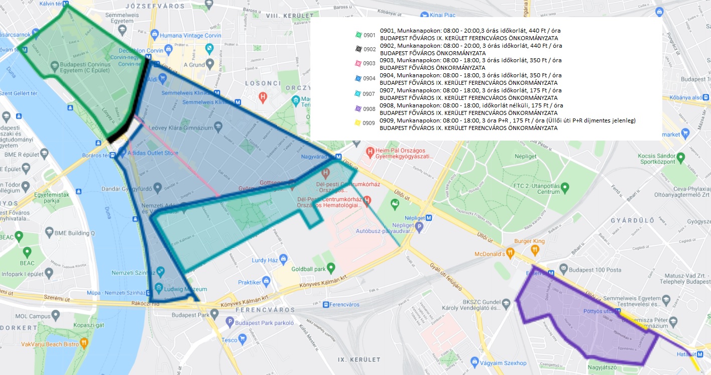 Ferencvárosi parkolási övezetek térképe